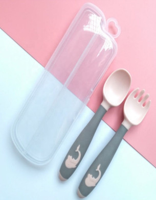 Baby Twist Spoon Fork Set with Travel Case Easy Grip Bendable Toddler Training Set Pink